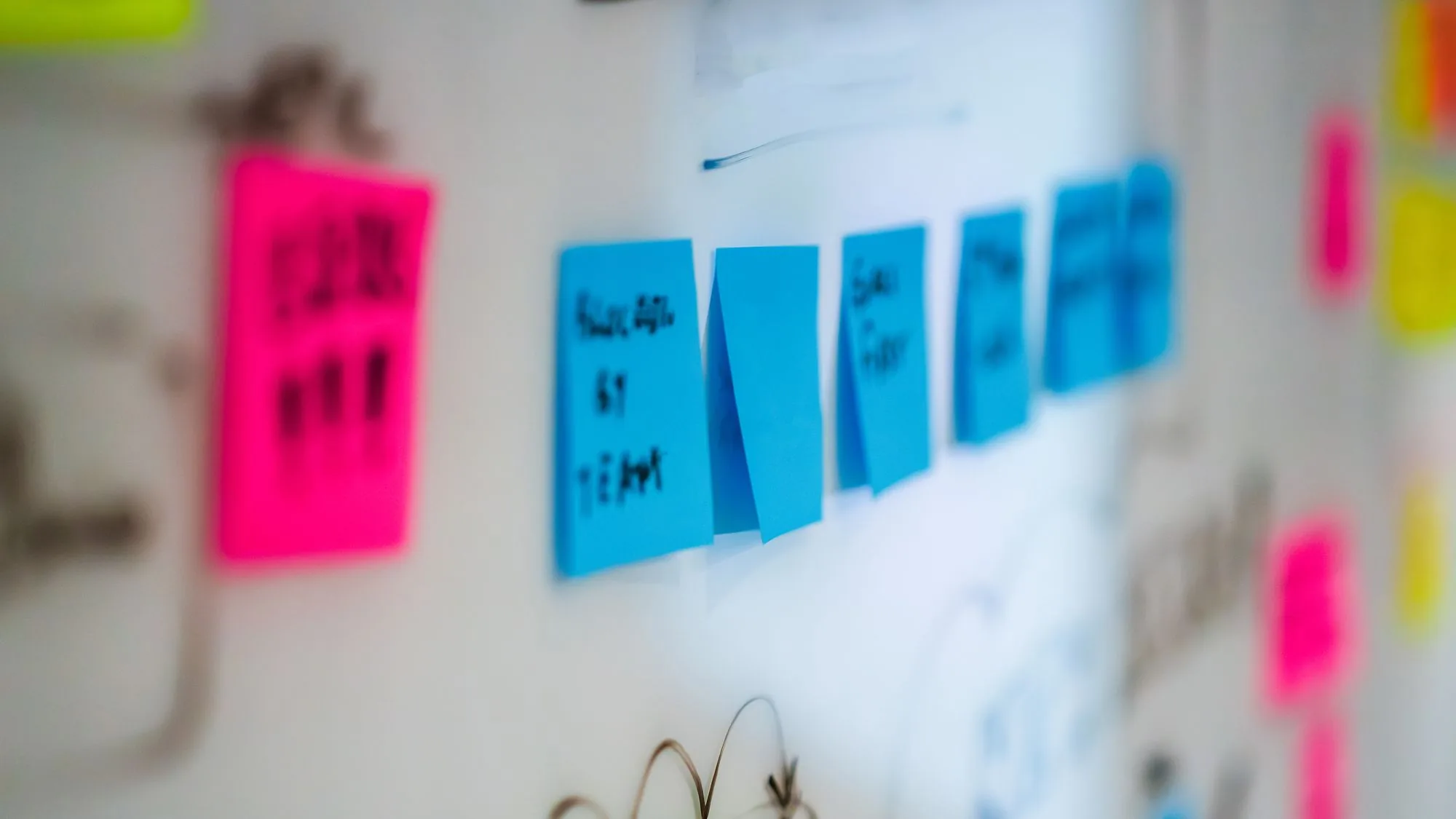 Sticky notes arranged on a whiteboard during a process-mapping session
