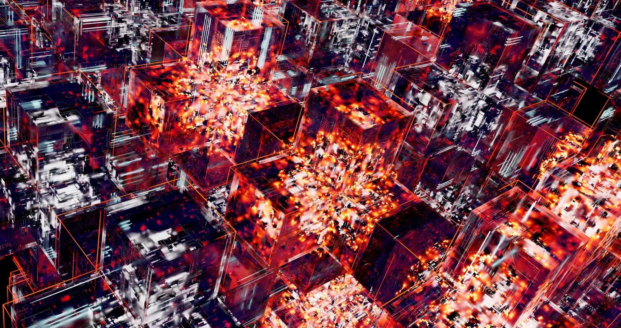A dense three-dimensional grid of glowing translucent cubes wired together with light, an abstract stand-in for interconnected digital systems.
